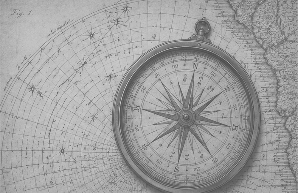 Antique celestial navigation chart and compass study